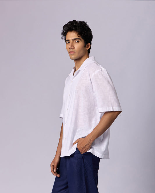 Men's Textured Camp Collar Cotton Shirt - White - view 3 of 4