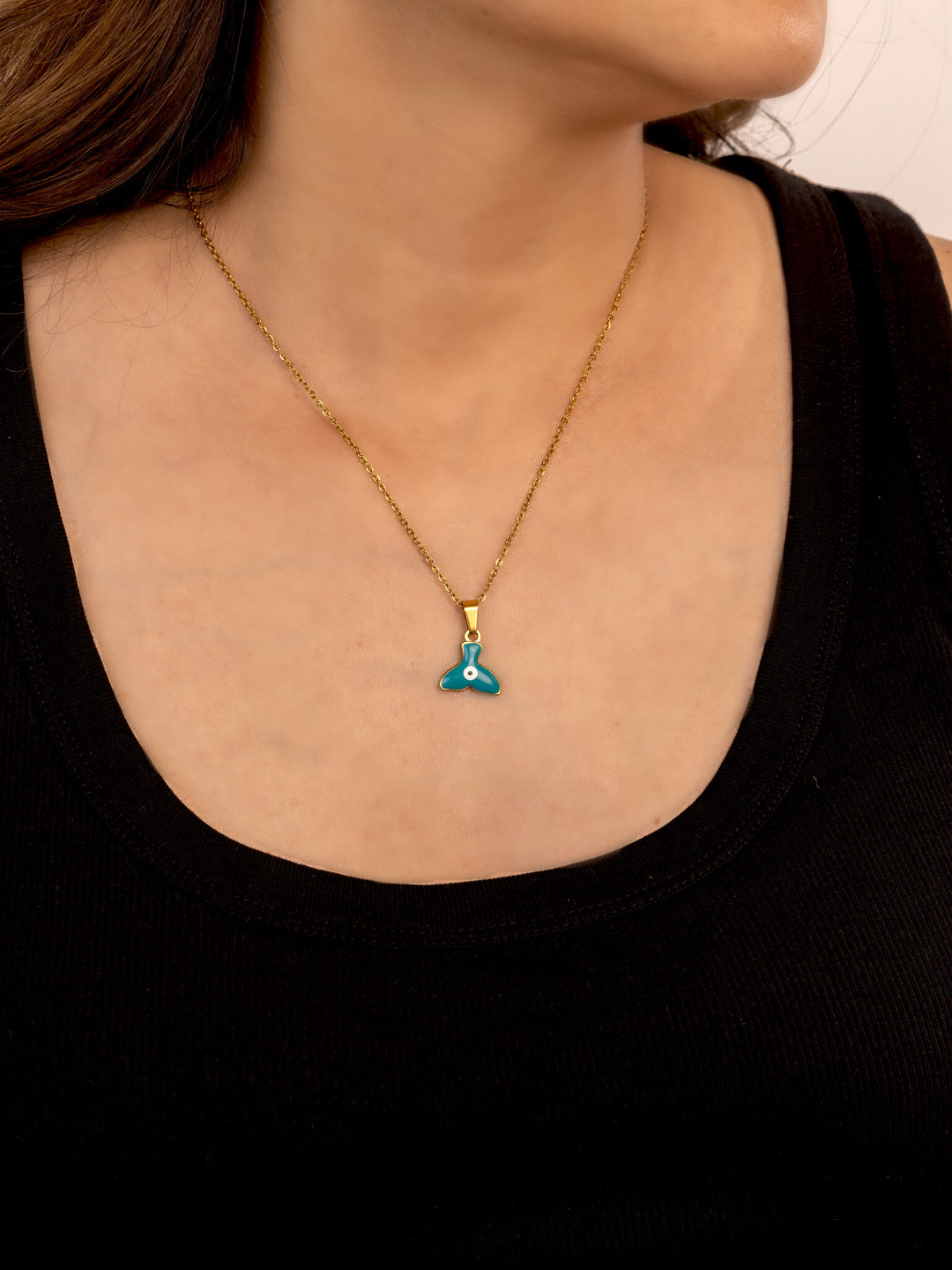Enamel Fin Pendant Anti-Tarnish Necklace - Teal - view 4 of 4