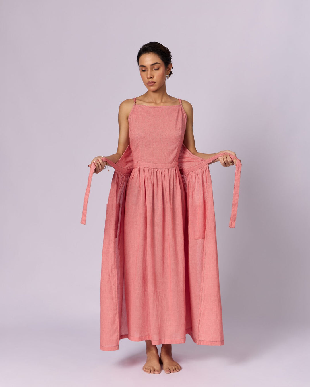 Women's Tie-Strap Cotton Maxi Dress - Coral - view 4 of 5
