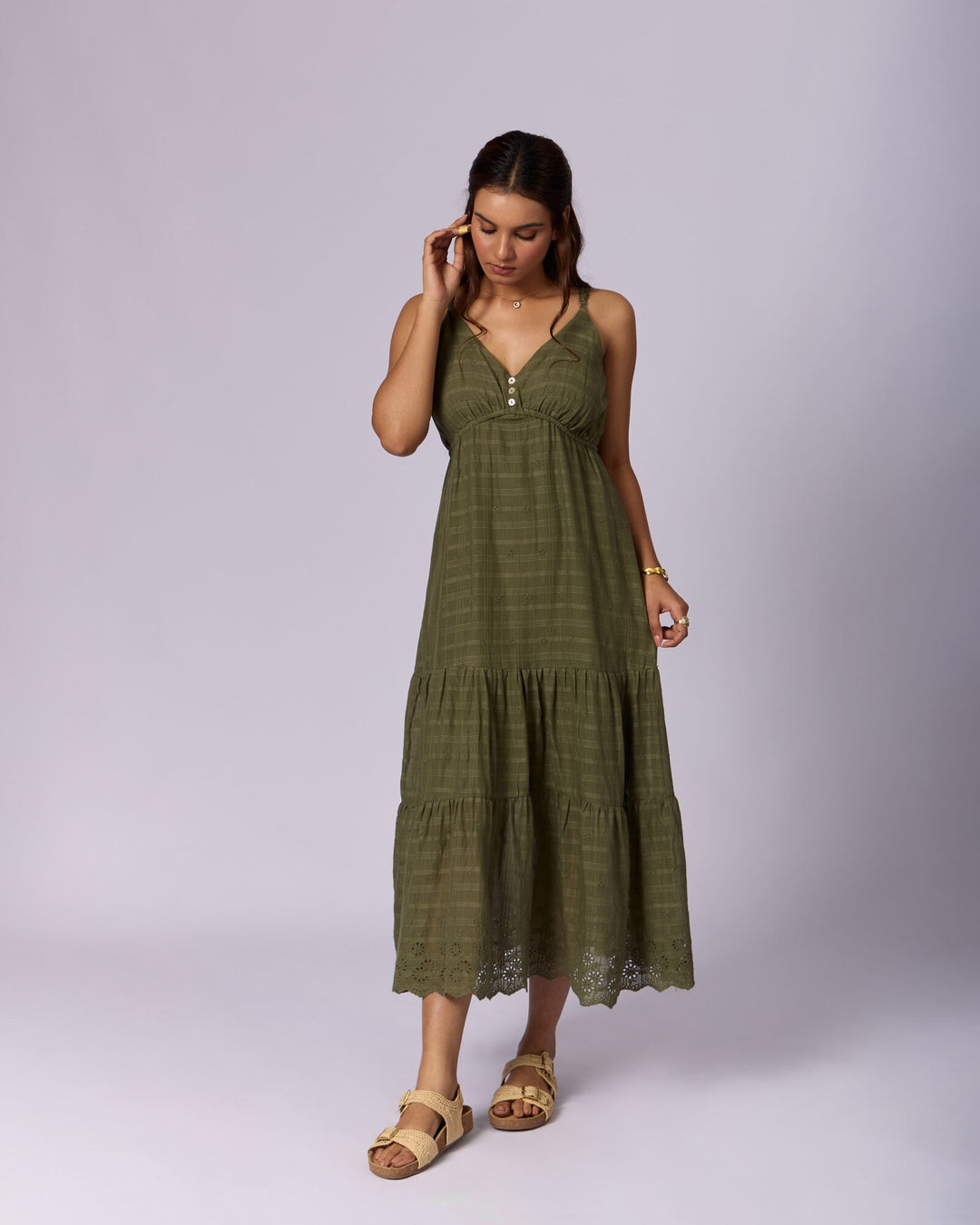 Women's Tiered Cotton Schiffli Maxi Dress - Olive Green by Modus & Mood