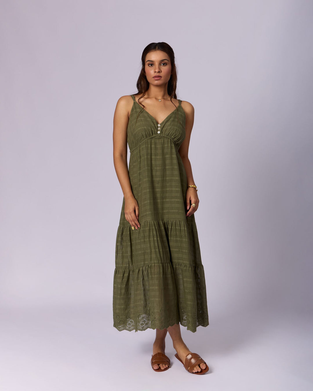 Women's Tiered Cotton Schiffli Maxi Dress - Olive Green - view 2 of 5