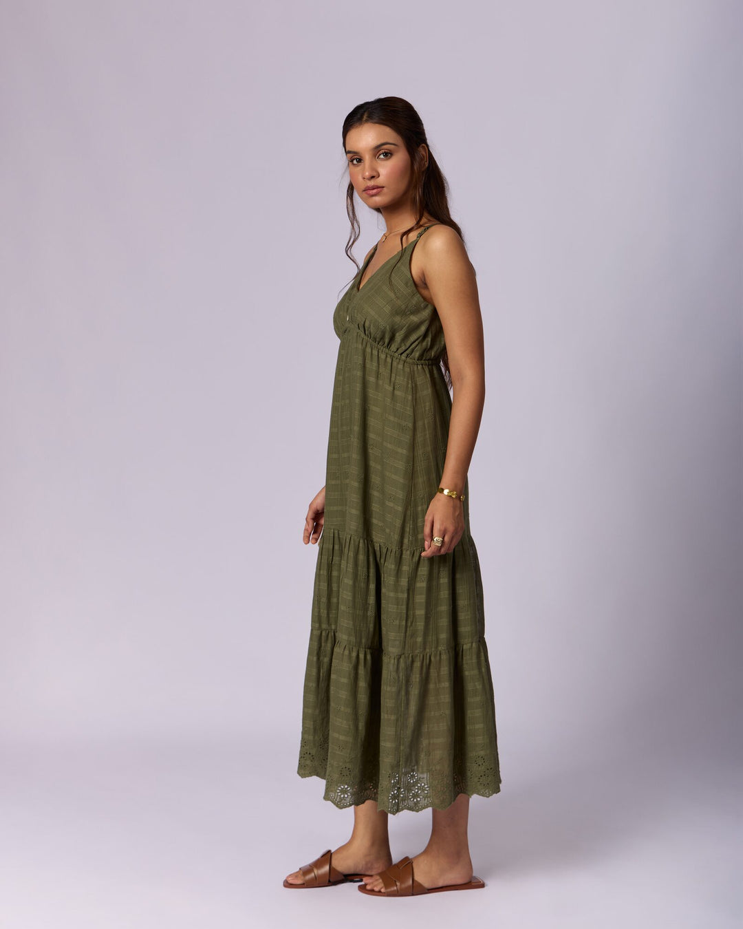 Women's Tiered Cotton Schiffli Maxi Dress - Olive Green - view 3 of 5