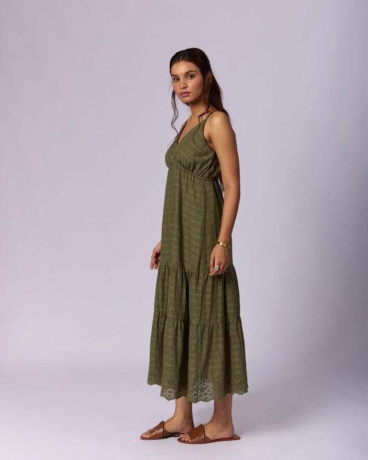 Women's Tiered Cotton Schiffli Maxi Dress - Olive Green - view 3 of 5