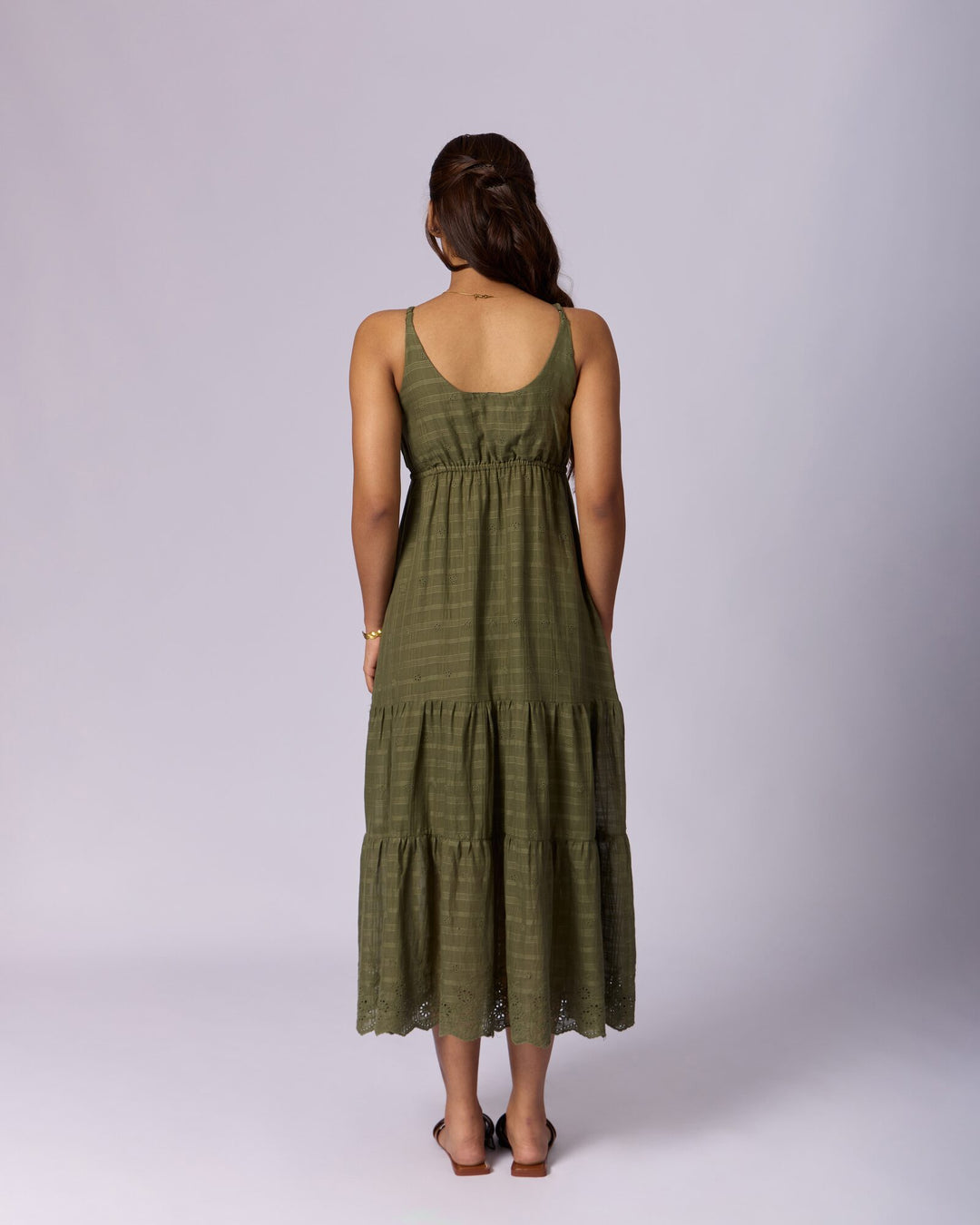 Women's Tiered Cotton Schiffli Maxi Dress - Olive Green - view 4 of 5