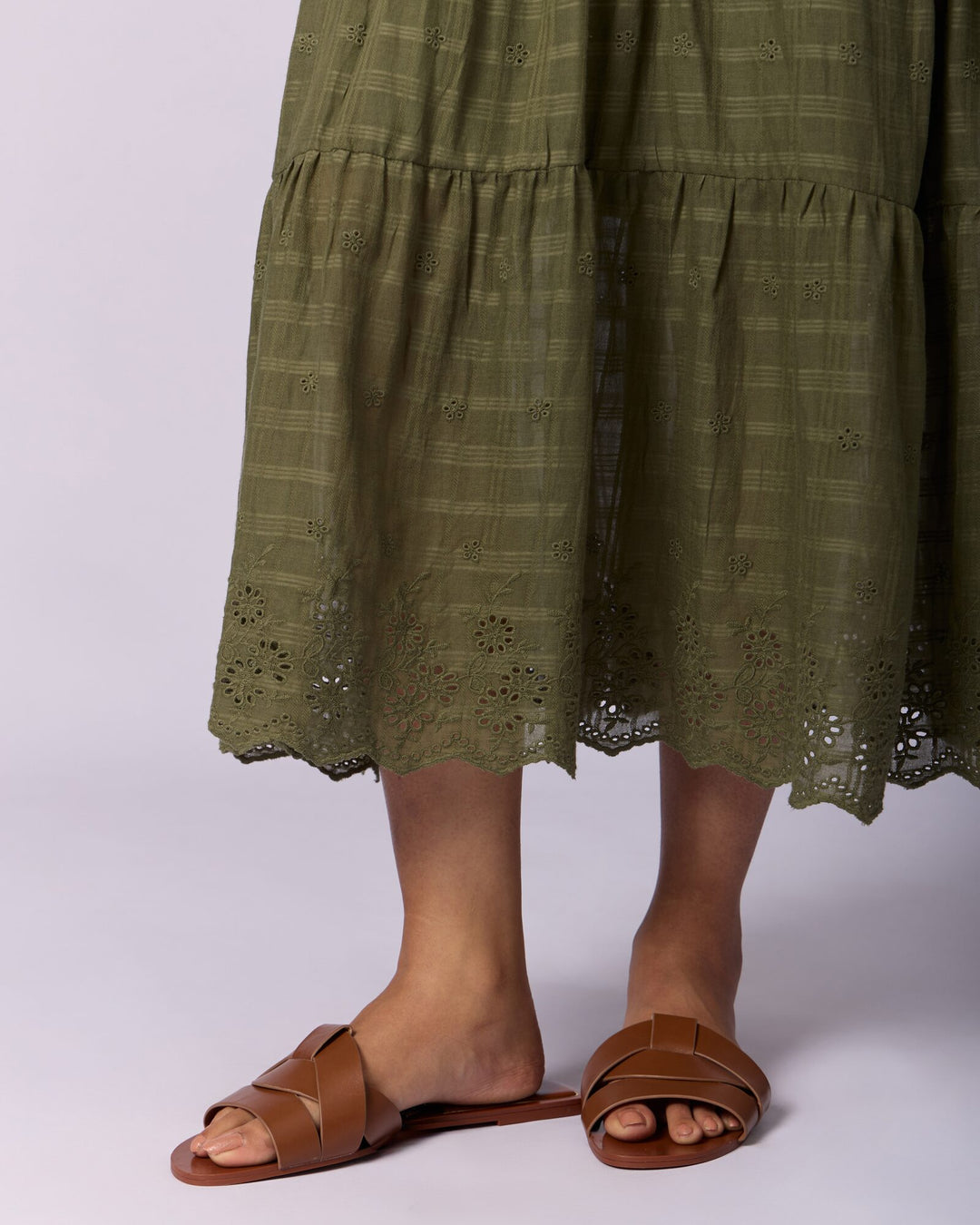 Women's Tiered Cotton Schiffli Maxi Dress - Olive Green - view 5 of 5