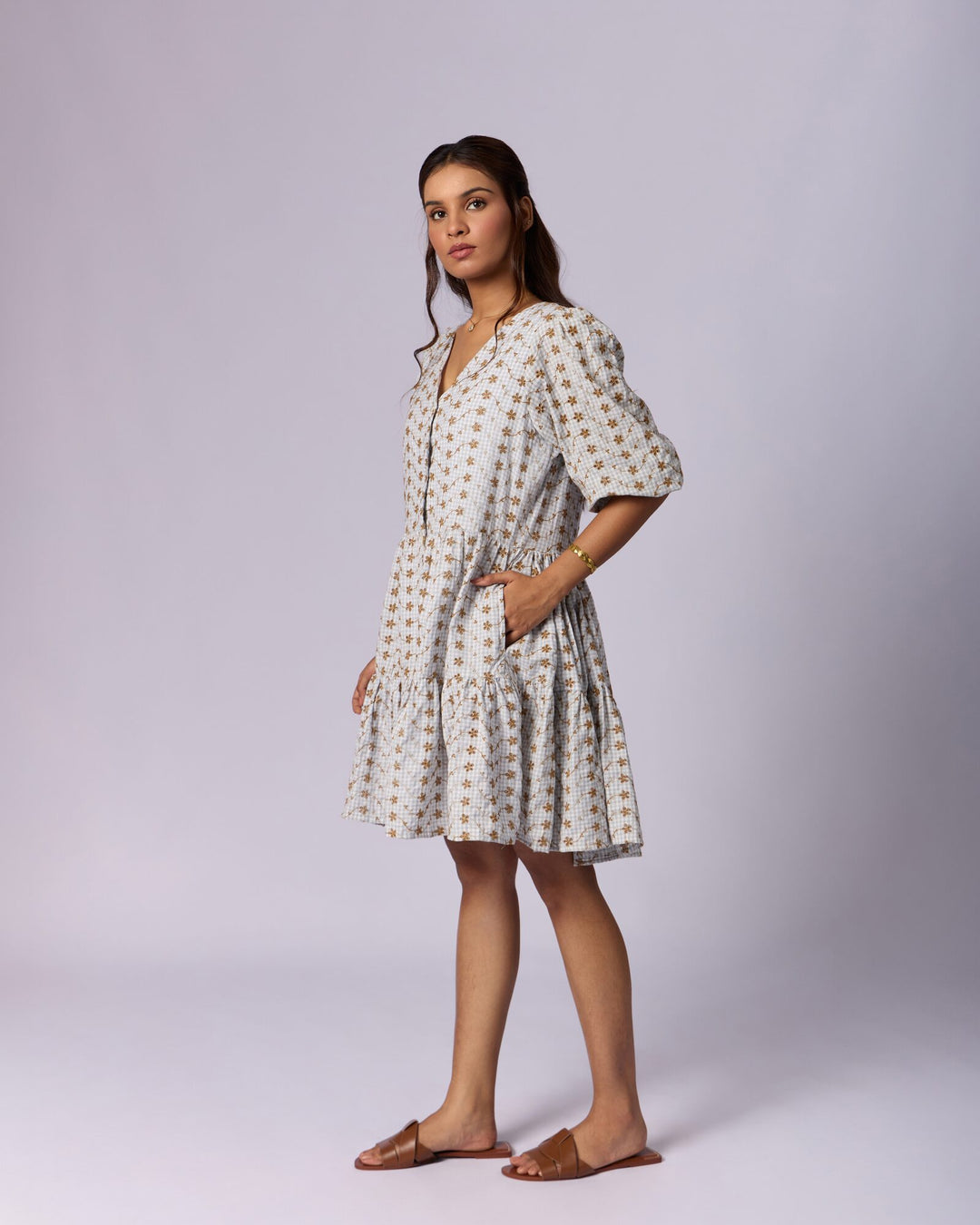 Women's Printed Cotton Schiffli Mini Dress - Oatmeal - view 2 of 5