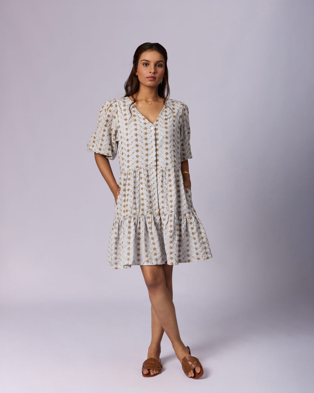 Women's Printed Cotton Schiffli Mini Dress - Oatmeal - view 3 of 5