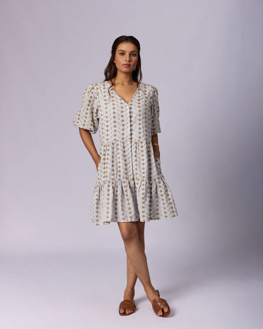 Women's Printed Cotton Schiffli Mini Dress - Oatmeal - view 3 of 5