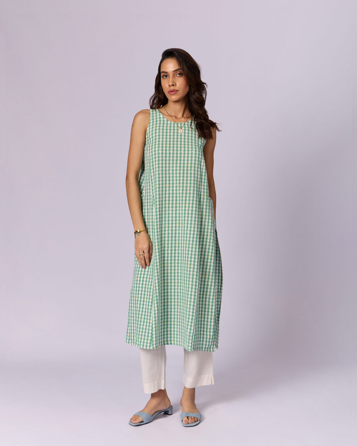Women's Checked Cotton Racerback Kurta - Green by Modus & Mood