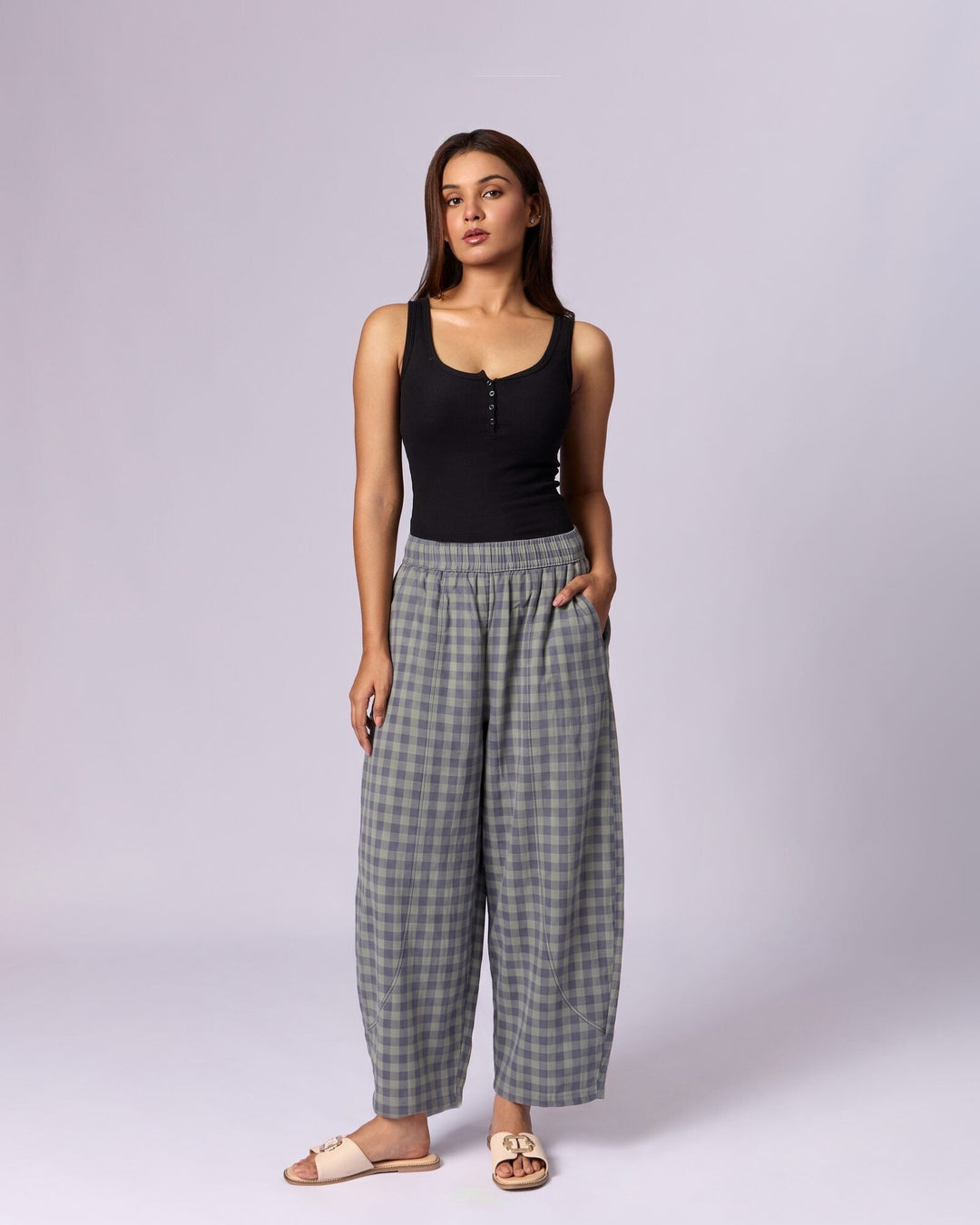 Women's Gingham Wide-Leg Cotton Trousers - Slate & Sage - view 2 of 6