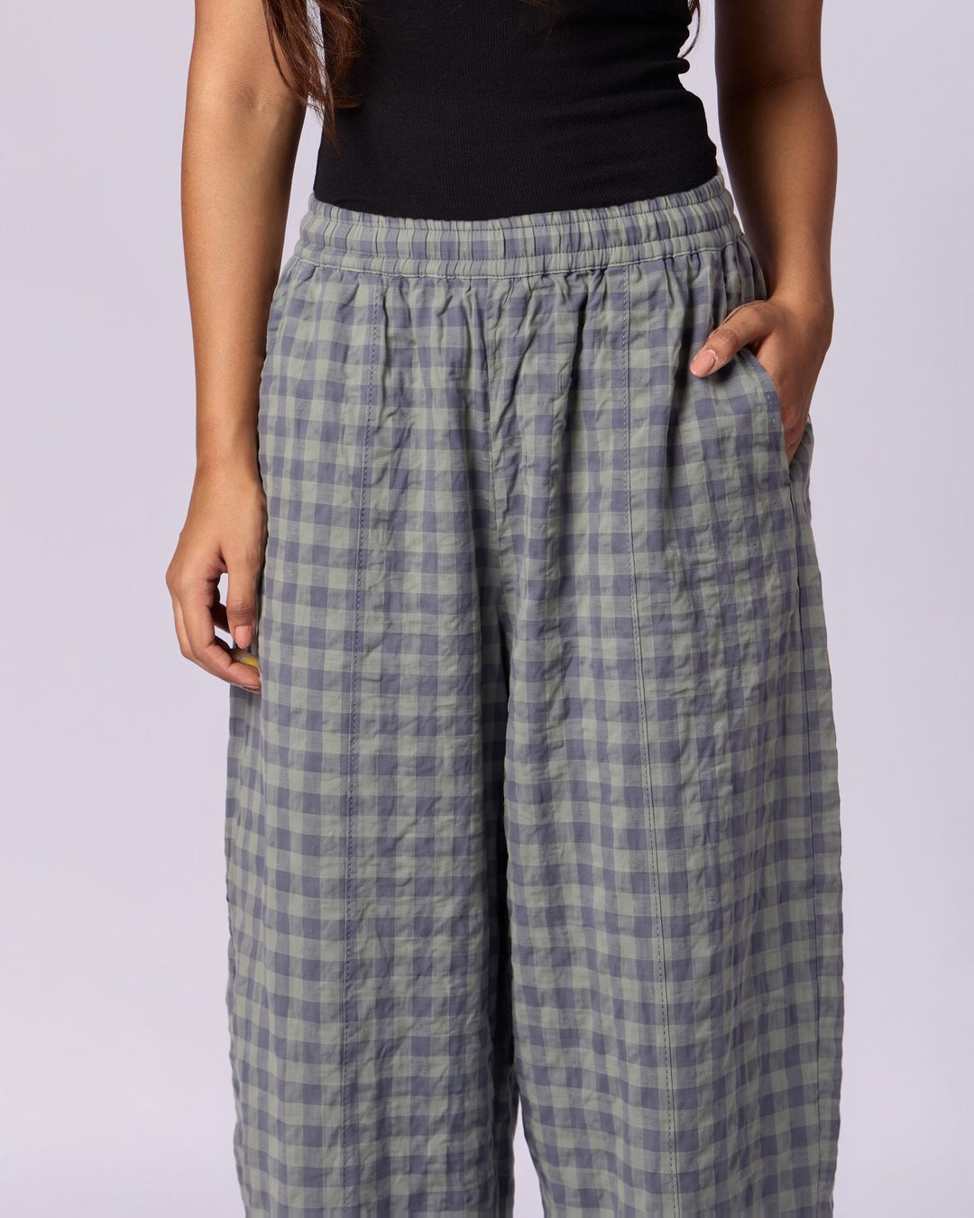 Women's Gingham Wide-Leg Cotton Trousers - Slate & Sage - view 3 of 6