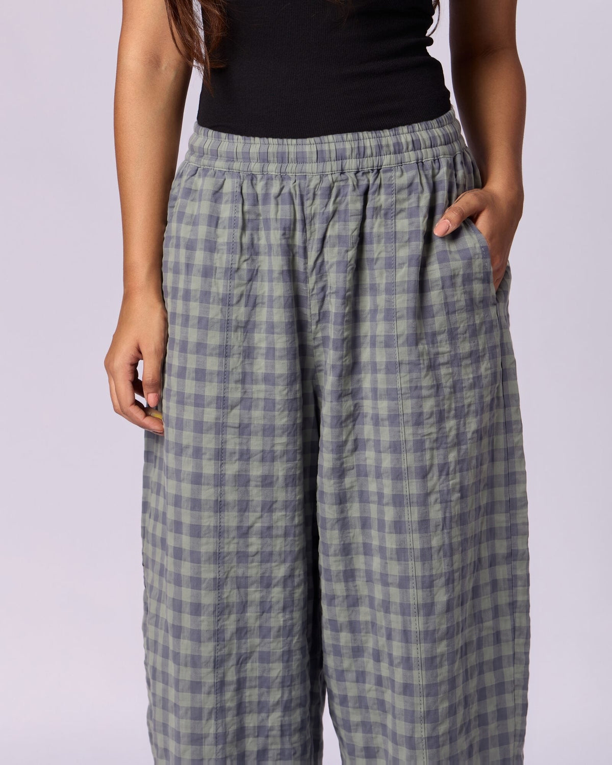 Women's Gingham Wide-Leg Cotton Trousers - Slate & Sage - view 3 of 6