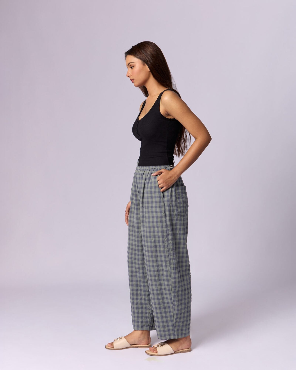 Women's Gingham Wide-Leg Cotton Trousers - Slate & Sage - view 4 of 6