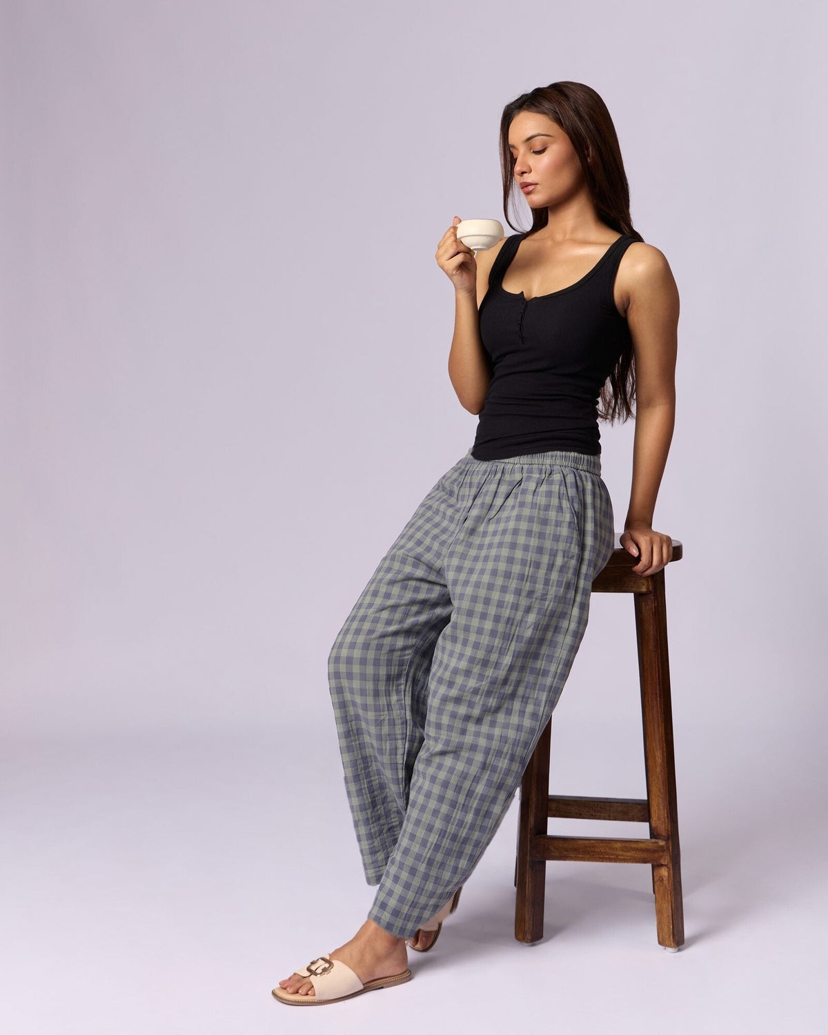 Women's Gingham Wide-Leg Cotton Trousers - Slate & Sage - view 5 of 6