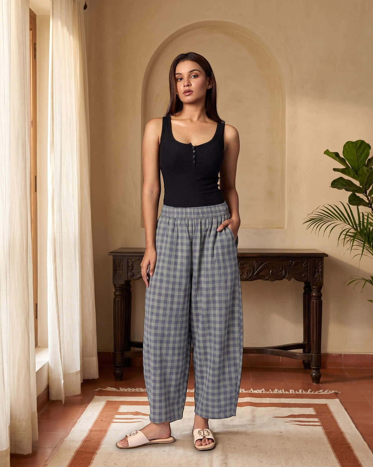 Women's Gingham Wide-Leg Cotton Trousers - Slate & Sage by Modus & Mood