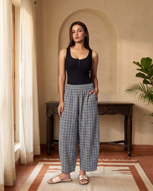 Women's Gingham Wide-Leg Cotton Trousers - Slate & Sage by Modus & Mood