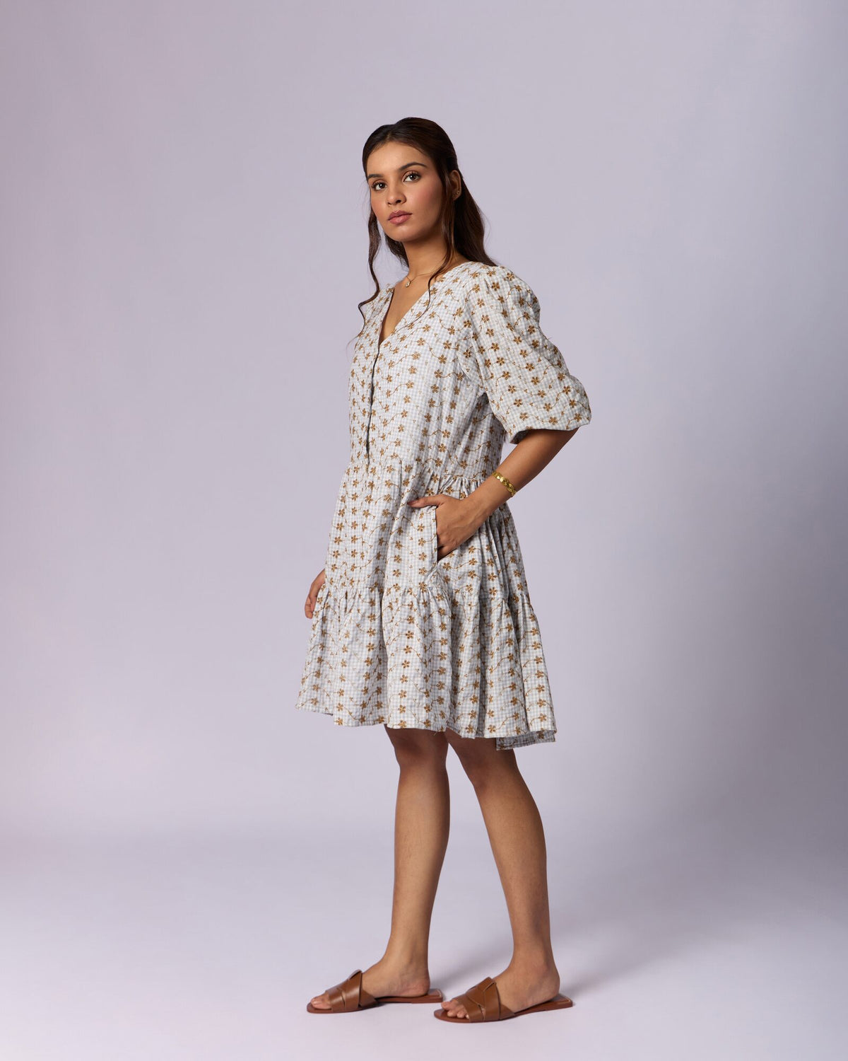Women's Printed Cotton Schiffli Mini Dress - Oatmeal - view 2 of 5
