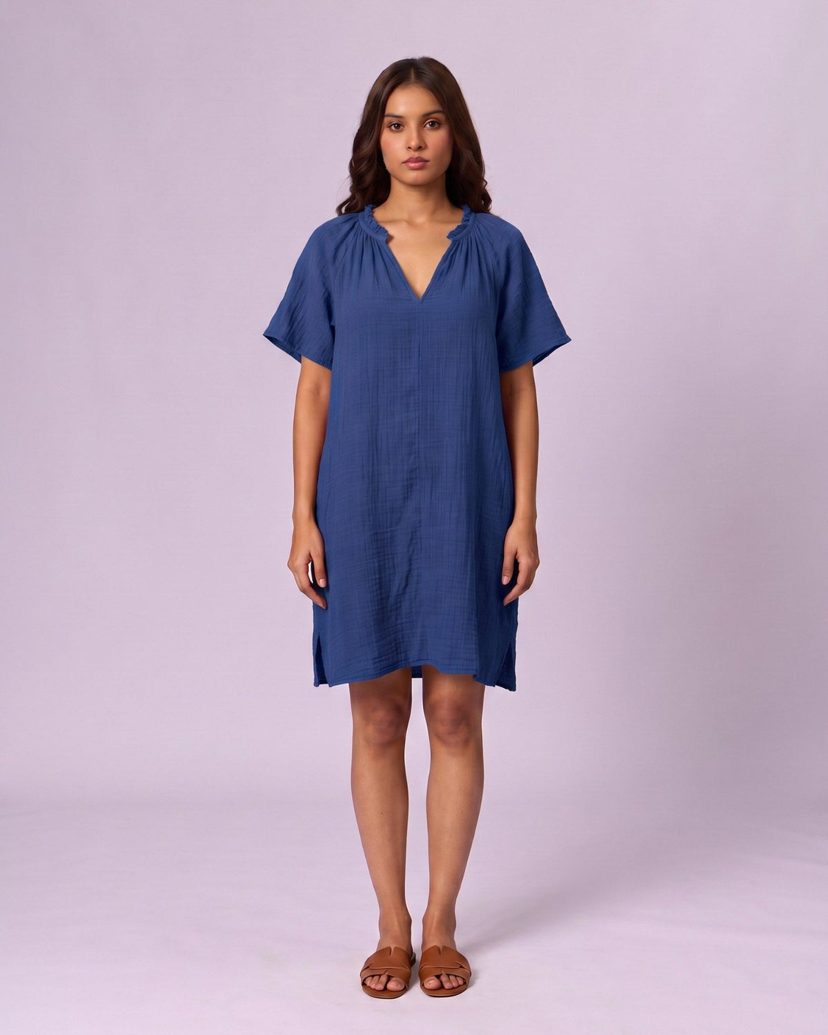 Women's Ruffle Neck Gauze Shift Dress - Cobalt Blue - view 2 of 7