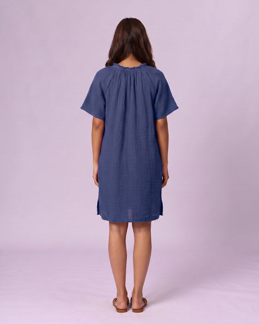 Women's Ruffle Neck Gauze Shift Dress - Cobalt Blue - view 3 of 7