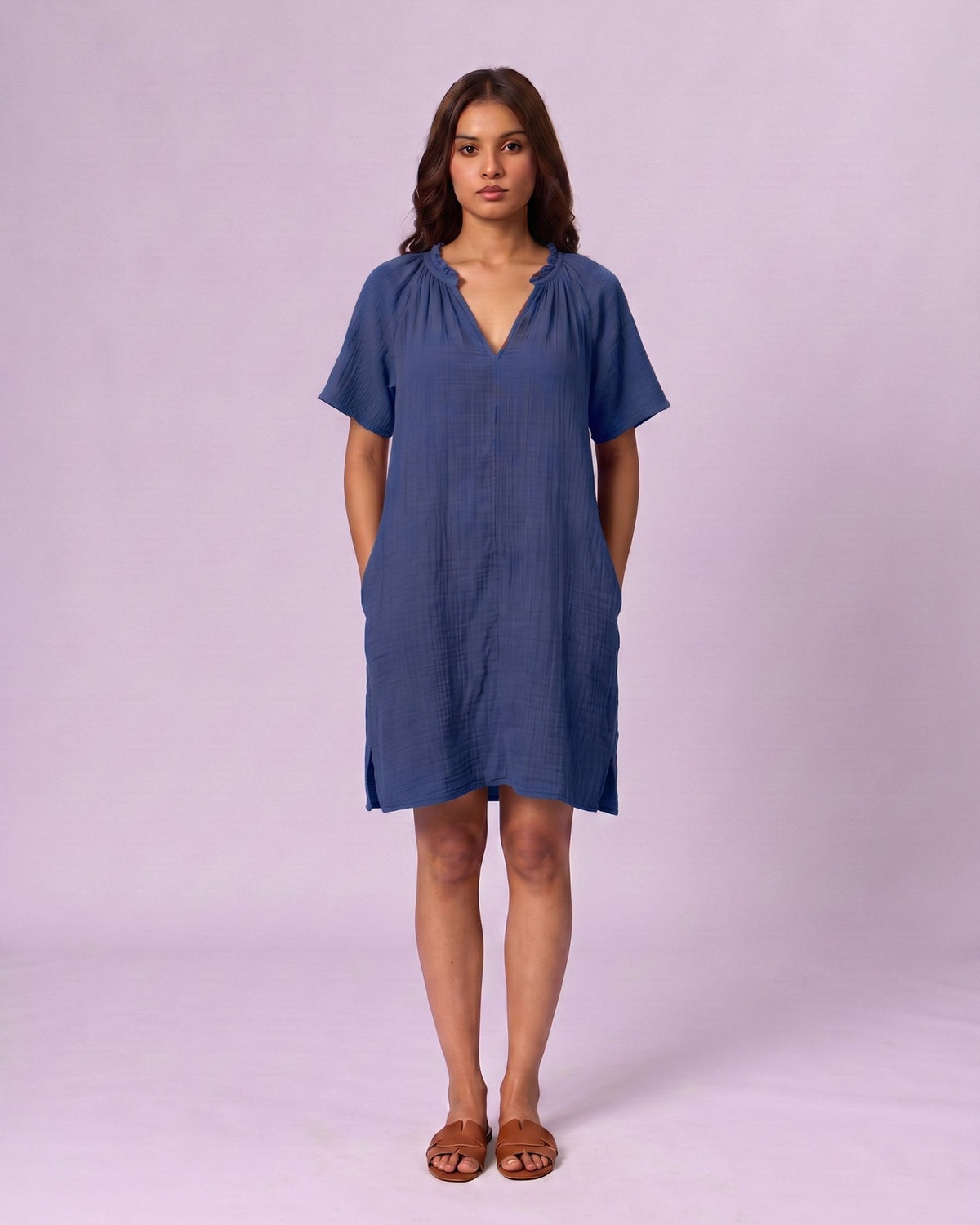 Women's Ruffle Neck Gauze Shift Dress - Cobalt Blue - view 4 of 7