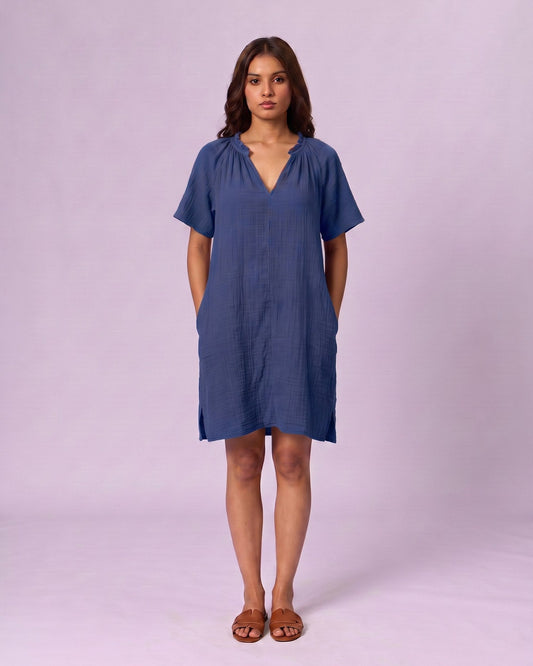Women's Ruffle Neck Gauze Shift Dress - Cobalt Blue - view 4 of 7