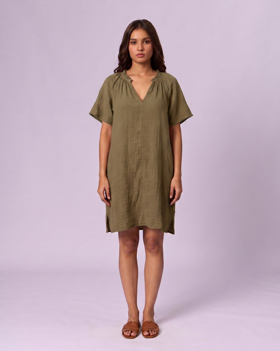Women's Ruffle Neck Gauze Shift Dress - Olive Green - view 2 of 7