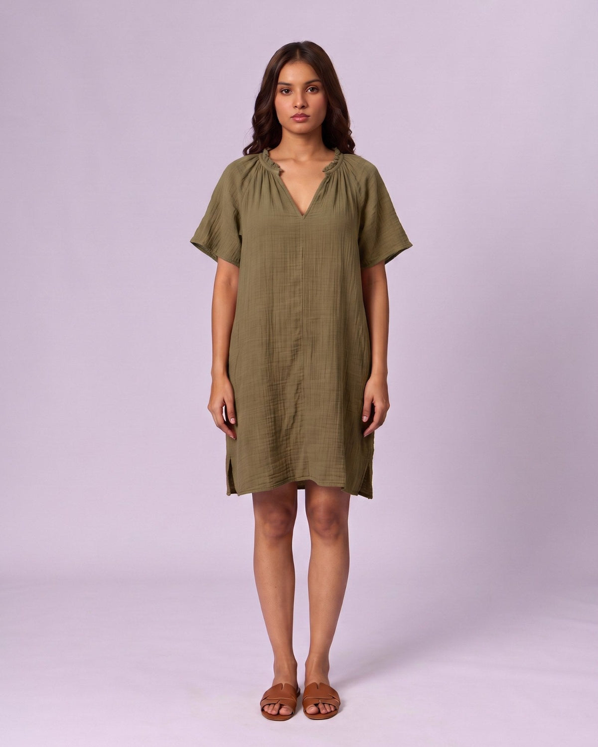 Women's Ruffle Neck Gauze Shift Dress - Olive Green - view 2 of 7