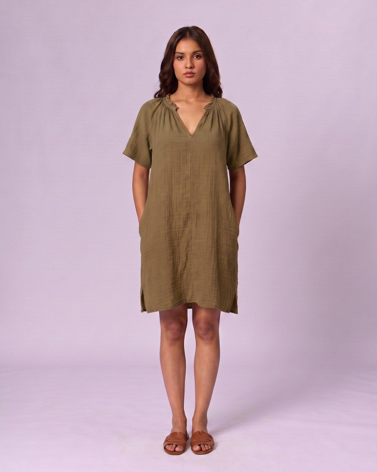 Women's Ruffle Neck Gauze Shift Dress - Olive Green - view 4 of 7