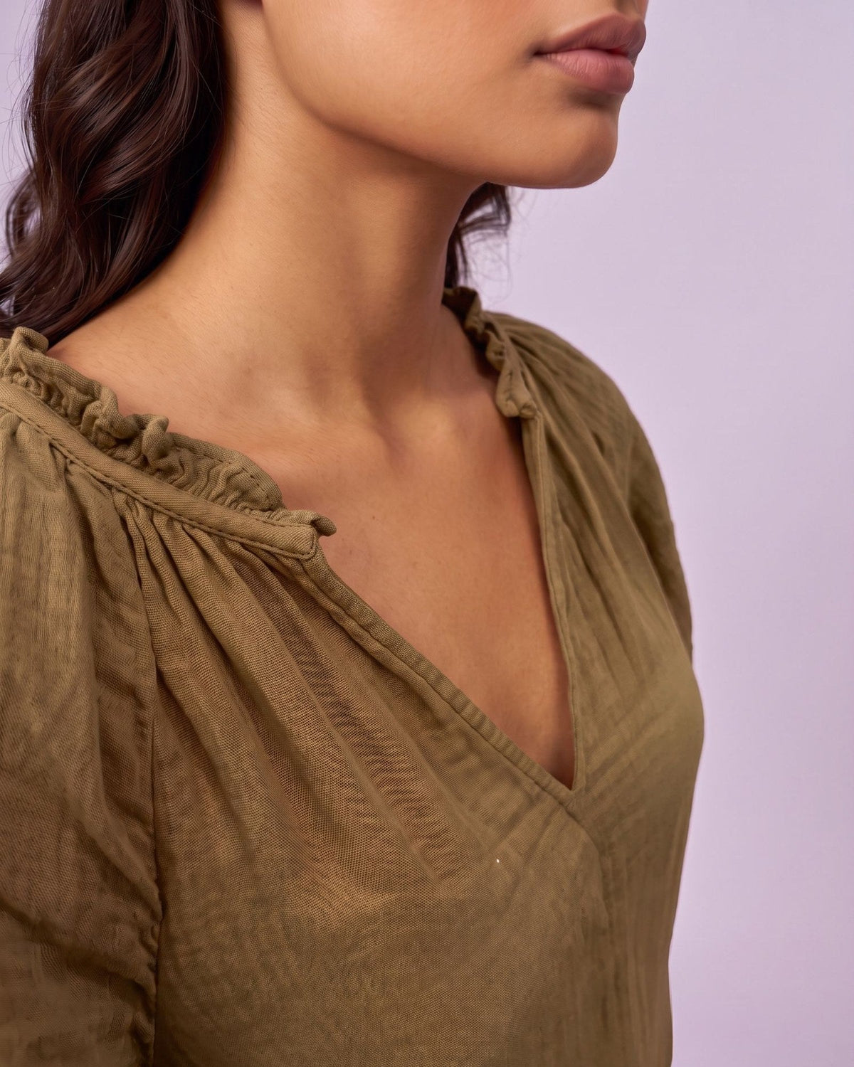 Women's Ruffle Neck Gauze Shift Dress - Olive Green - view 5 of 7