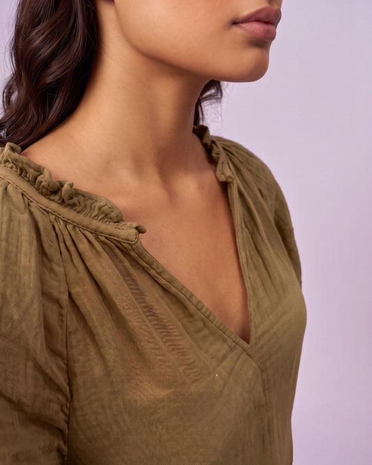 Women's Ruffle Neck Gauze Shift Dress - Olive Green - view 5 of 7