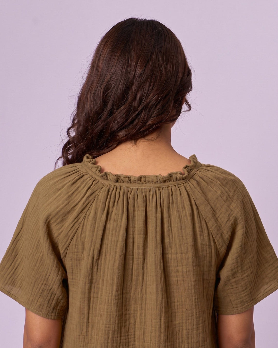 Women's Ruffle Neck Gauze Shift Dress - Olive Green - view 6 of 7