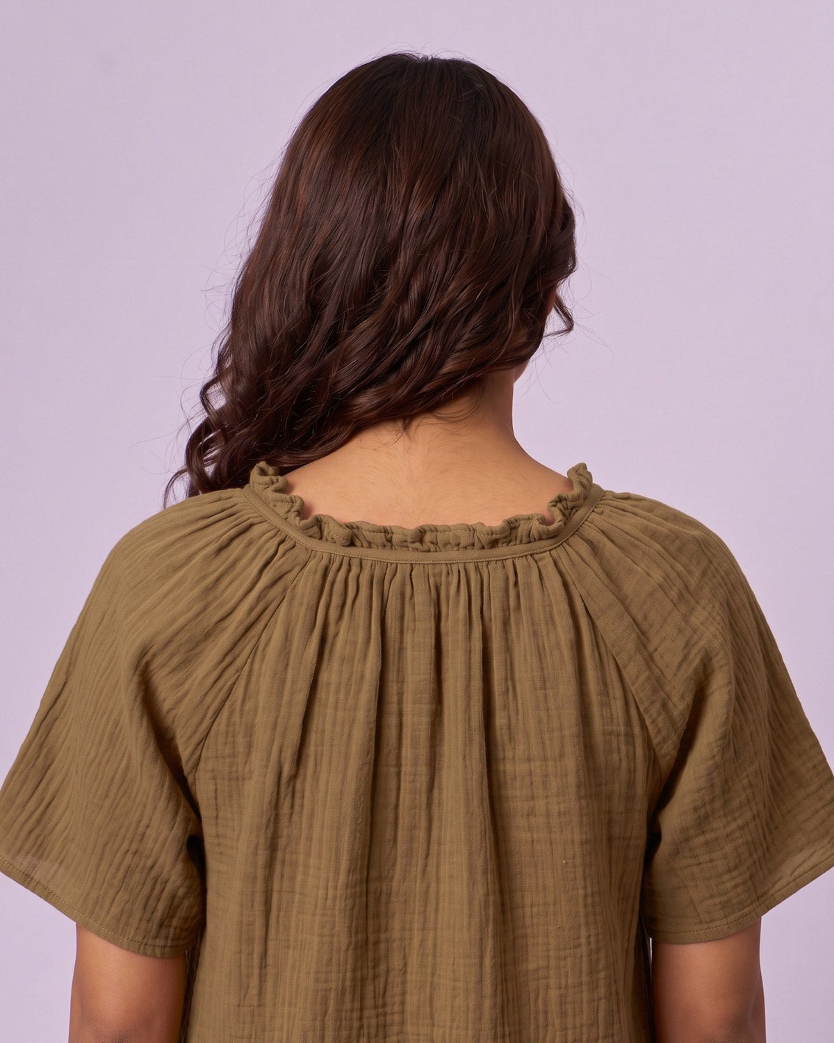 Women's Ruffle Neck Gauze Shift Dress - Olive Green - view 6 of 7