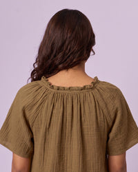 Women's Ruffle Neck Gauze Shift Dress - Olive Green - view 6 of 7