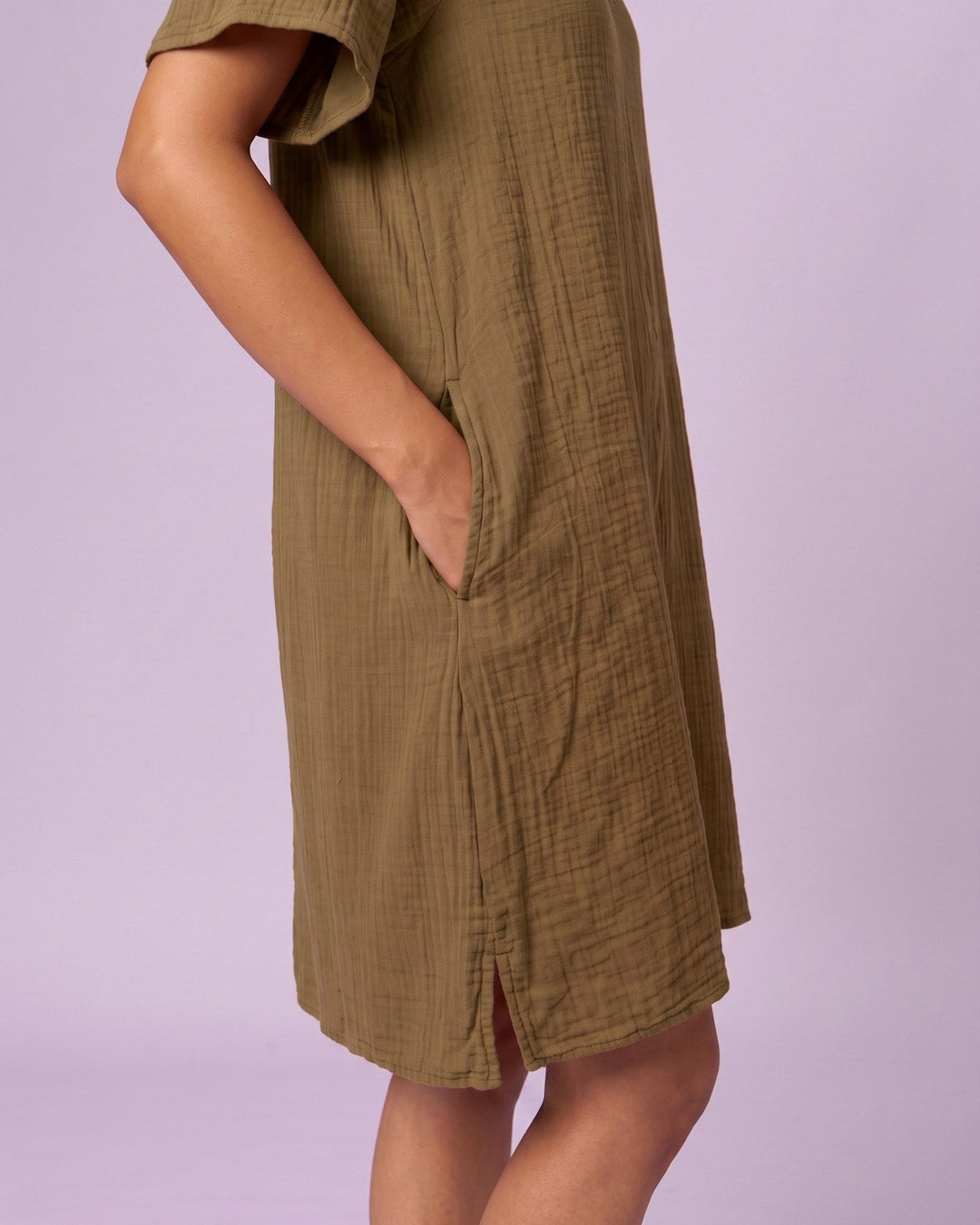 Women's Ruffle Neck Gauze Shift Dress - Olive Green - view 7 of 7