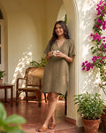 Women's Ruffle Neck Gauze Shift Dress - Olive Green