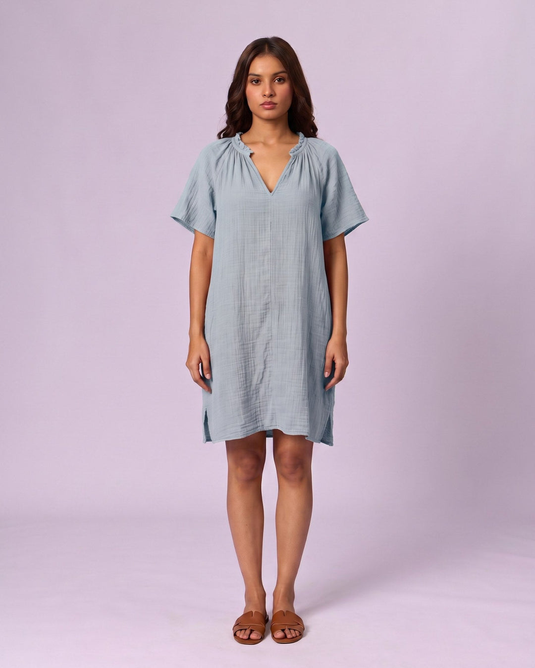 Women's Ruffle Neck Gauze Shift Dress - Powder Blue - view 2 of 7