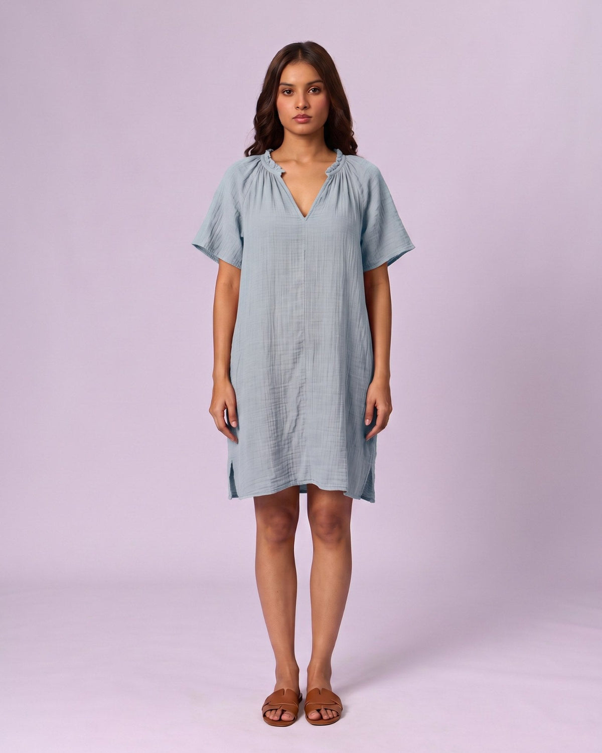 Women's Ruffle Neck Gauze Shift Dress - Powder Blue - view 2 of 7