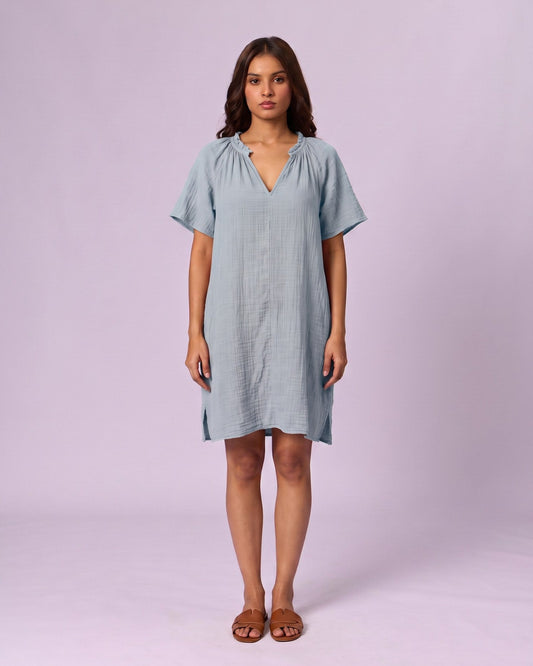 Women's Ruffle Neck Gauze Shift Dress - Powder Blue - view 2 of 7