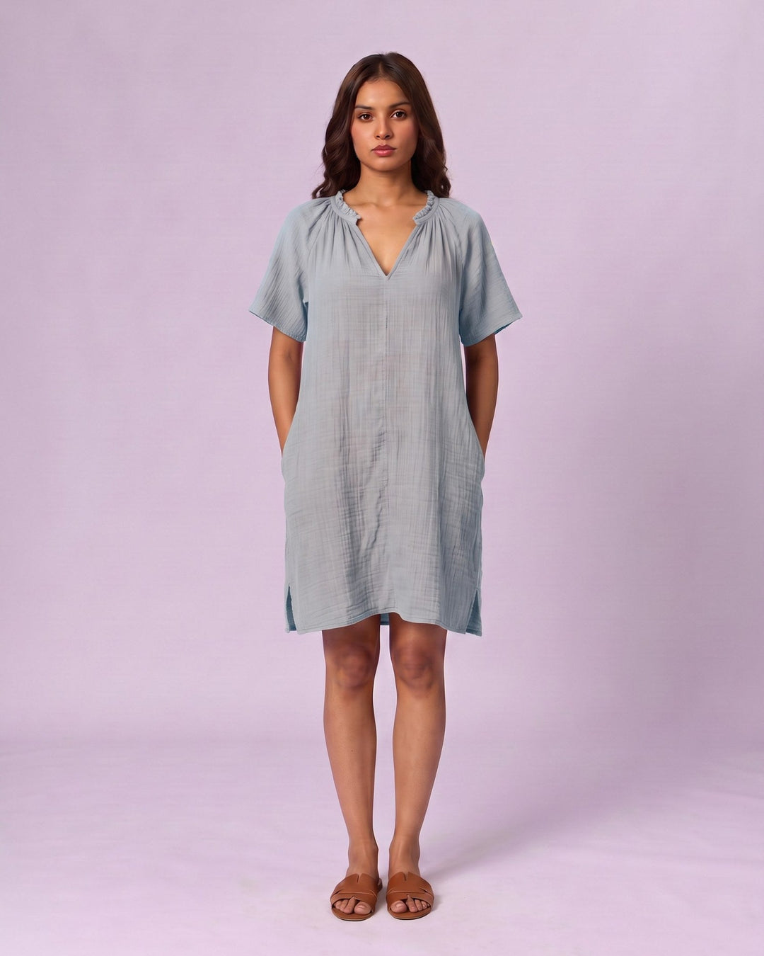 Women's Ruffle Neck Gauze Shift Dress - Powder Blue - view 4 of 7
