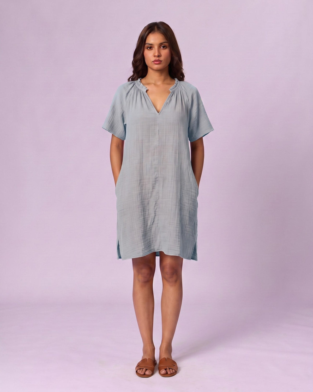 Women's Ruffle Neck Gauze Shift Dress - Powder Blue - view 4 of 7