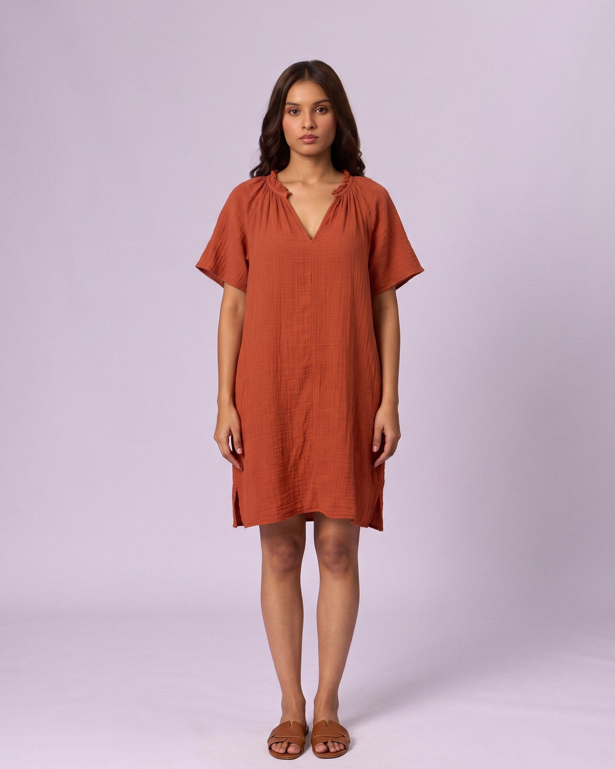 Women's Ruffle Neck Gauze Shift Dress - Rust - view 2 of 7