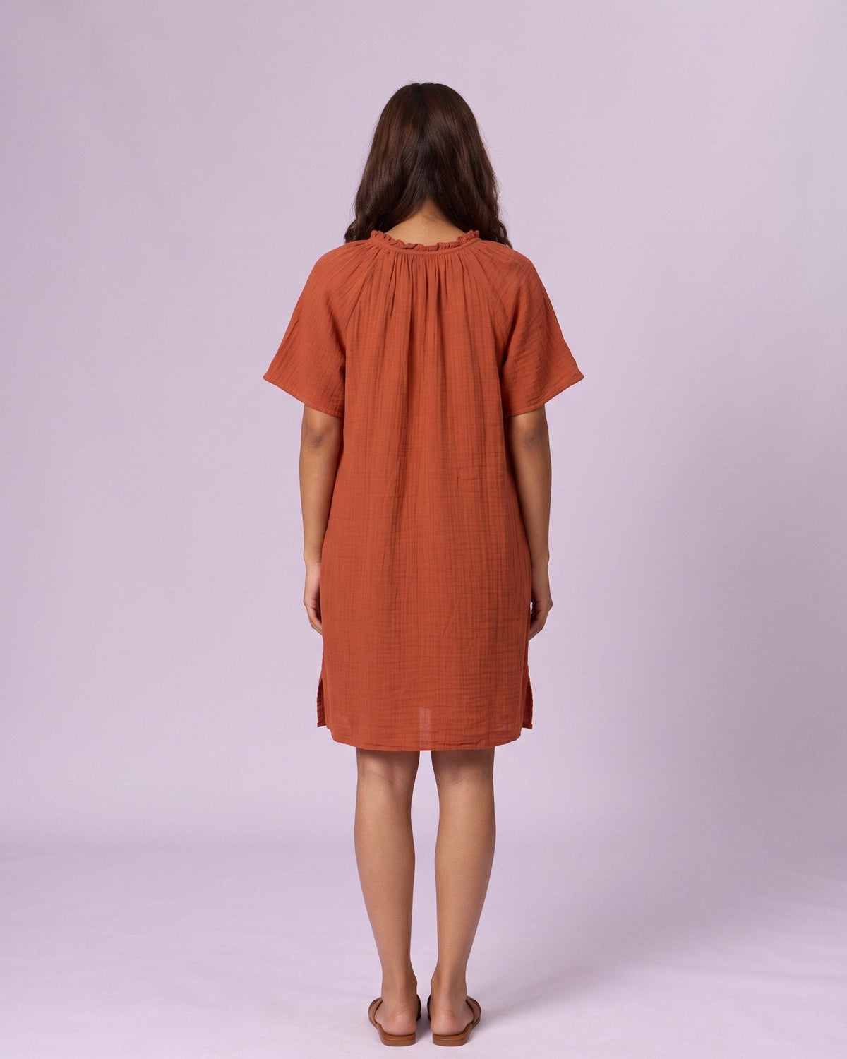 Women's Ruffle Neck Gauze Shift Dress - Rust - view 3 of 7