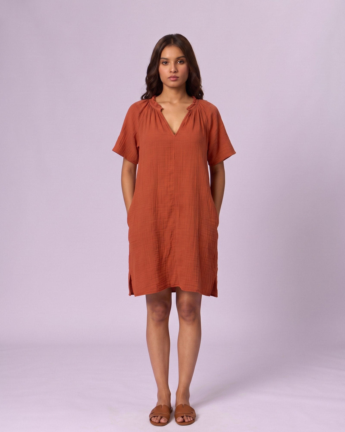 Women's Ruffle Neck Gauze Shift Dress - Rust - view 4 of 7