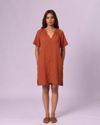 Women's Ruffle Neck Gauze Shift Dress - Rust - view 4 of 7
