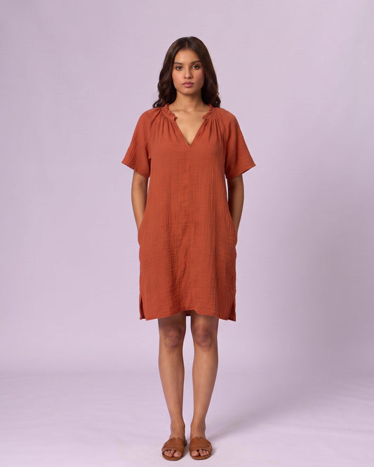 Women's Ruffle Neck Gauze Shift Dress - Rust - view 4 of 7