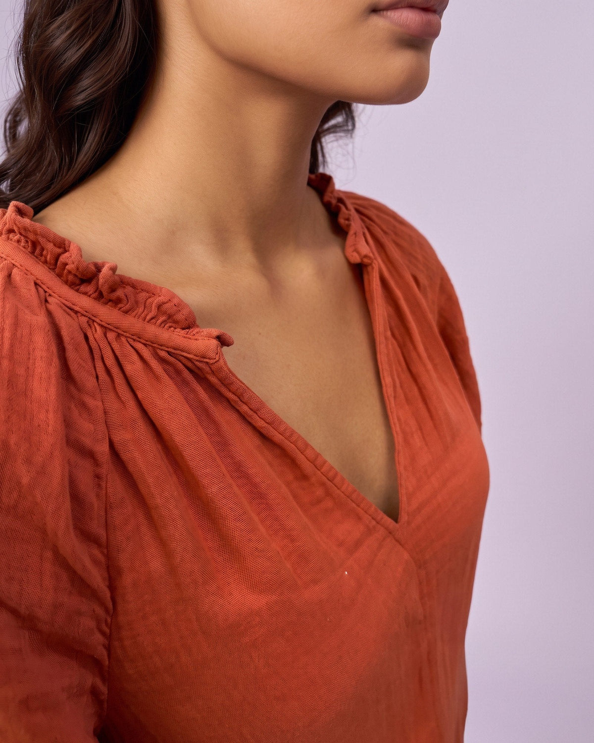 Women's Ruffle Neck Gauze Shift Dress - Rust - view 5 of 7