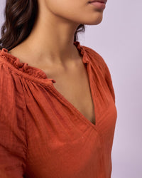 Women's Ruffle Neck Gauze Shift Dress - Rust - view 5 of 7