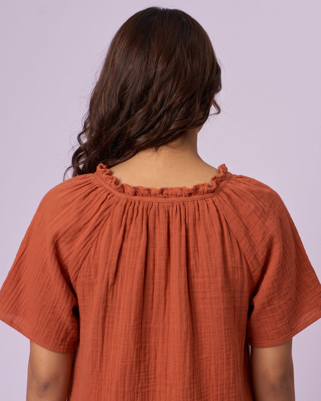 Women's Ruffle Neck Gauze Shift Dress - Rust - view 6 of 7