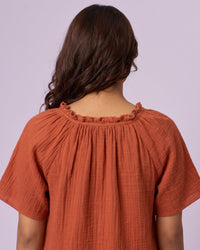 Women's Ruffle Neck Gauze Shift Dress - Rust - view 6 of 7