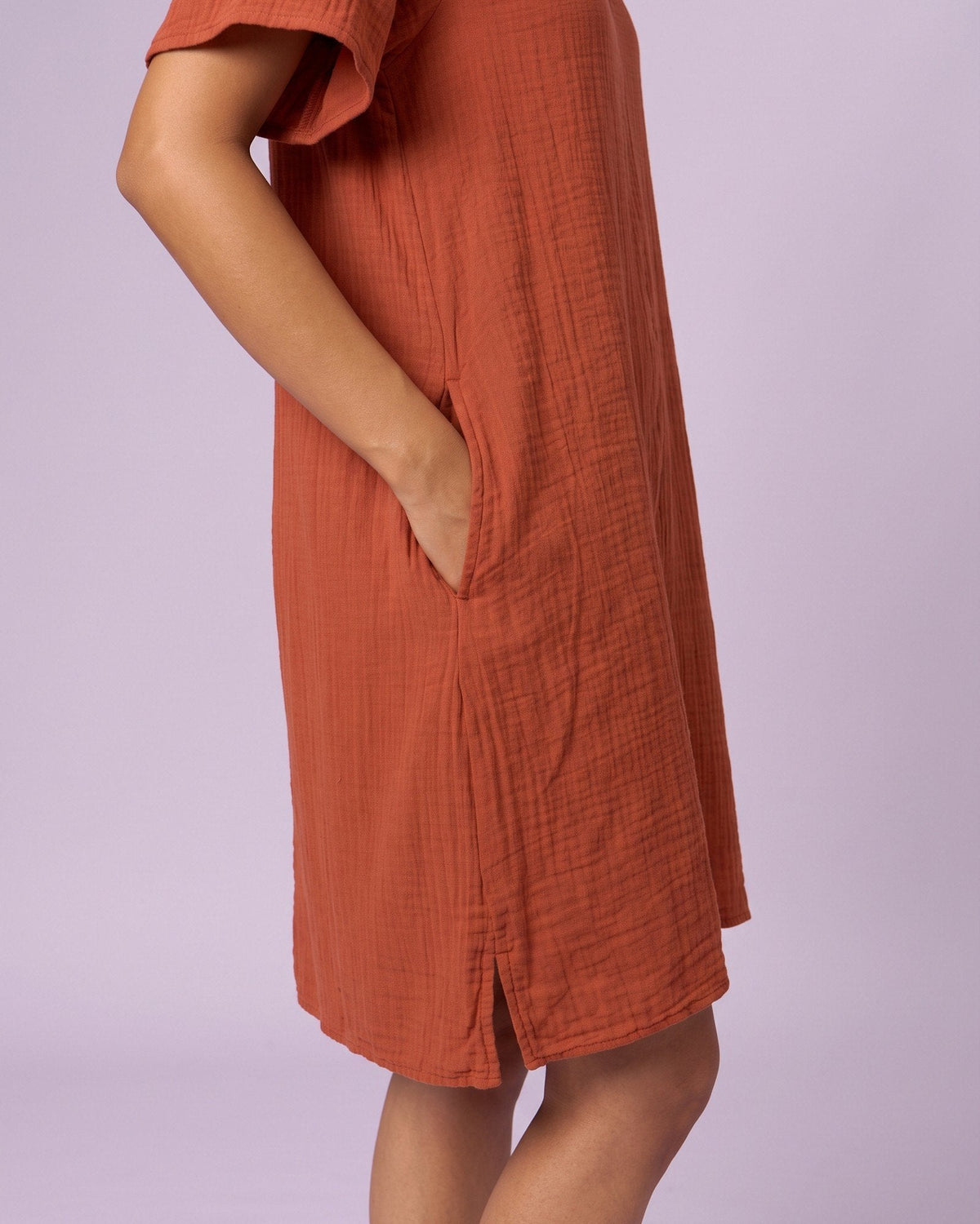 Women's Ruffle Neck Gauze Shift Dress - Rust - view 7 of 7